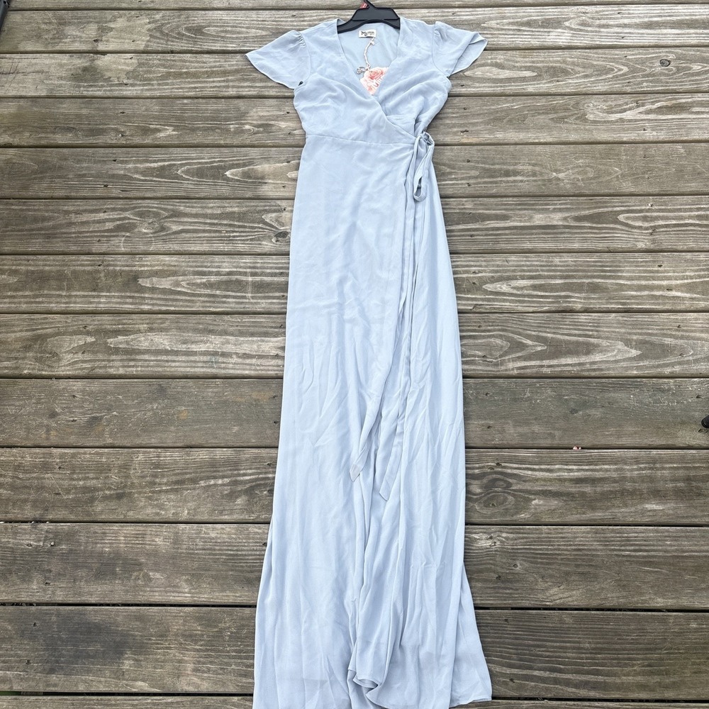 NWT Show Me Your Mumu Women Maxi Wrap Dress Sz XS Steel Blue Noelle With Ring